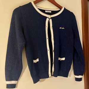 French Cat Sparkle Blue Button Cardigan Sweater Gold Trim Detailing Large